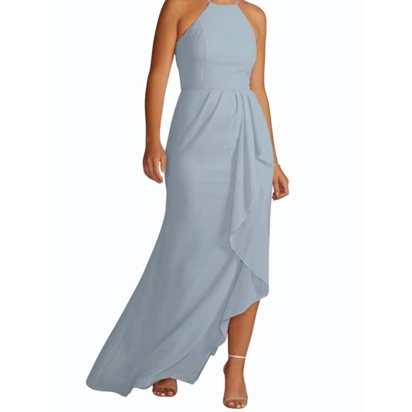 DAVID's BRIDAL Blue  Sz 2 Halter Neck Chiffon Bride's Maid Prom Dress Side Slit - Picture 7 of 16